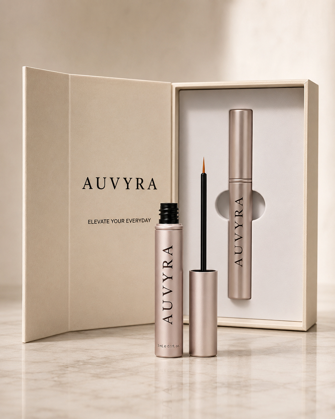 AUVYRA Eyelash & Eyebrow Serum 3 mL applicator tube beside its open gift box