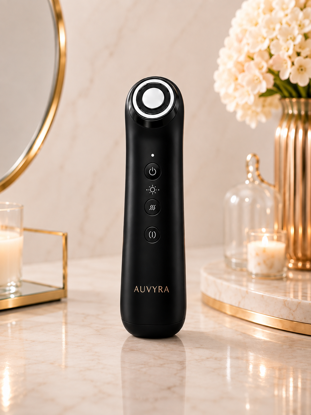 AUVYRA Booster Pro Beauty Device in black standing on a marble vanity