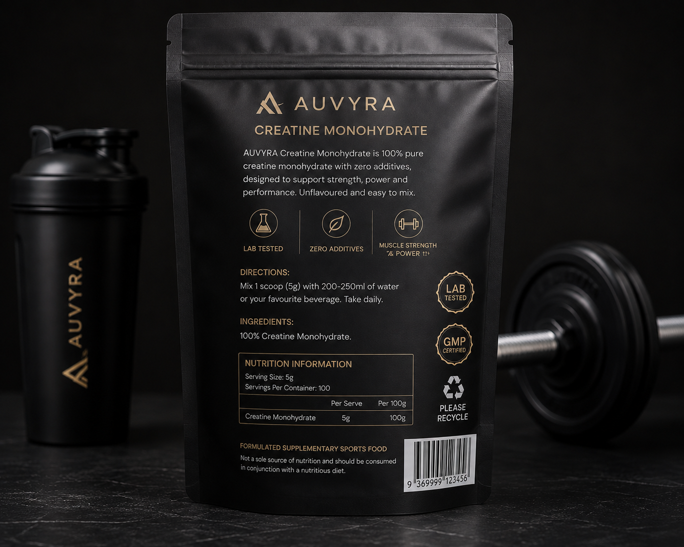 Back of the AUVYRA Creatine Monohydrate pouch showing directions, ingredients and nutrition information panel