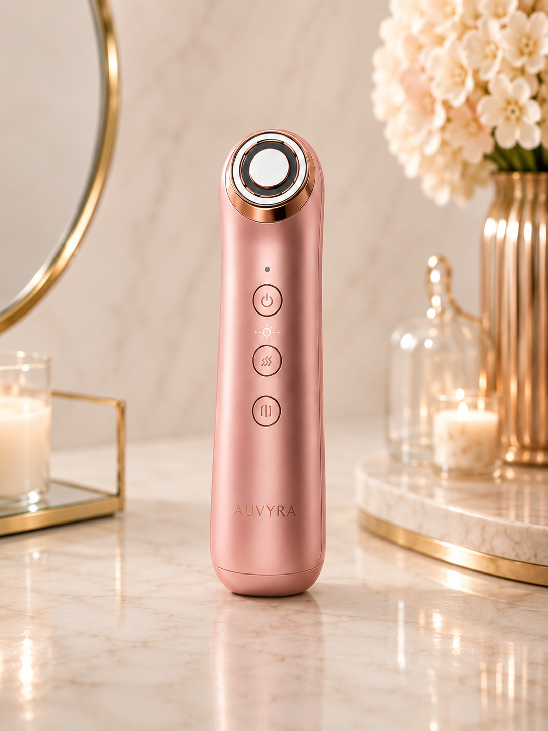 AUVYRA Booster Pro Beauty Device in rose pink standing on a marble vanity