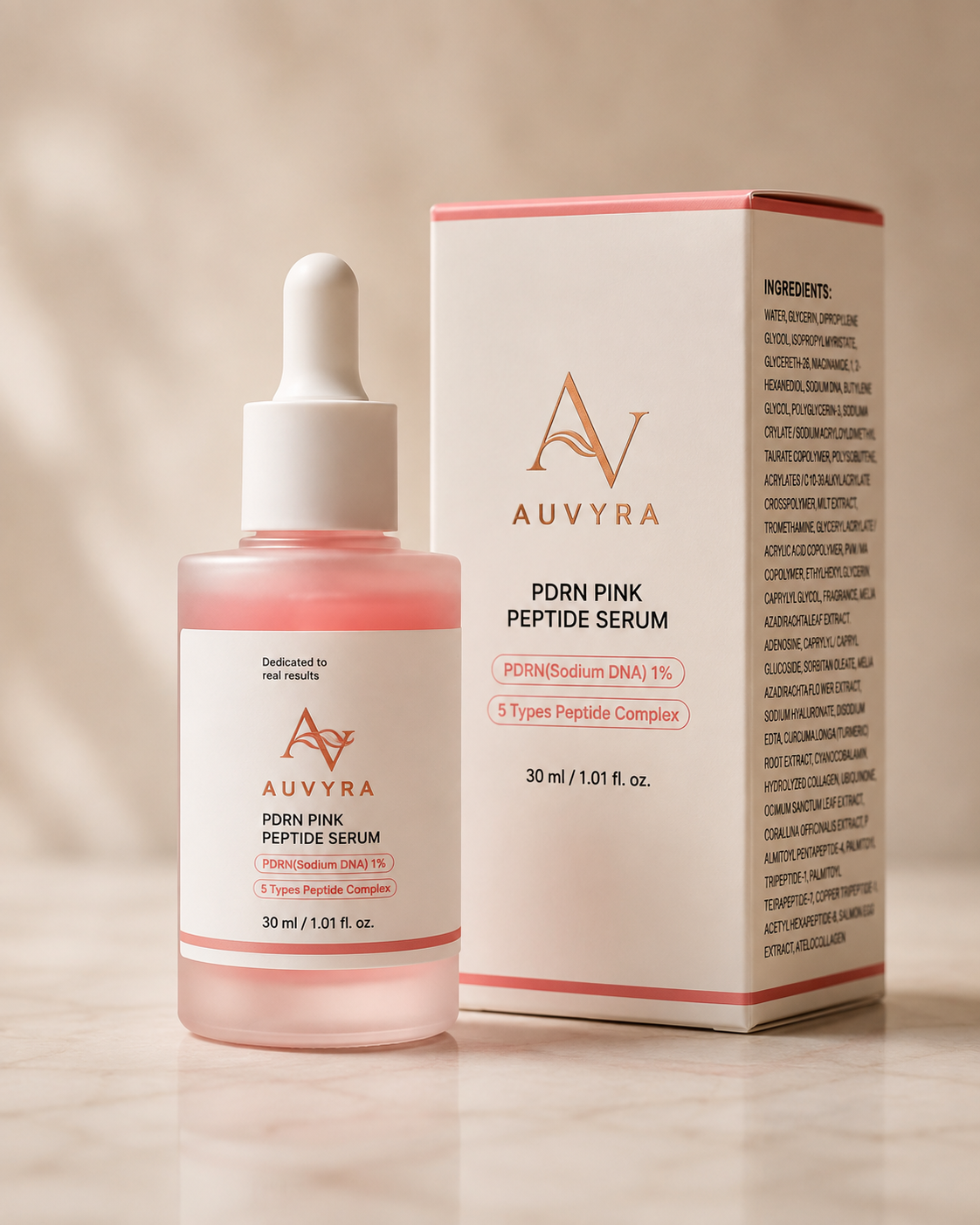 AUVYRA PDRN Pink Peptide Serum 30 mL bottle beside its box