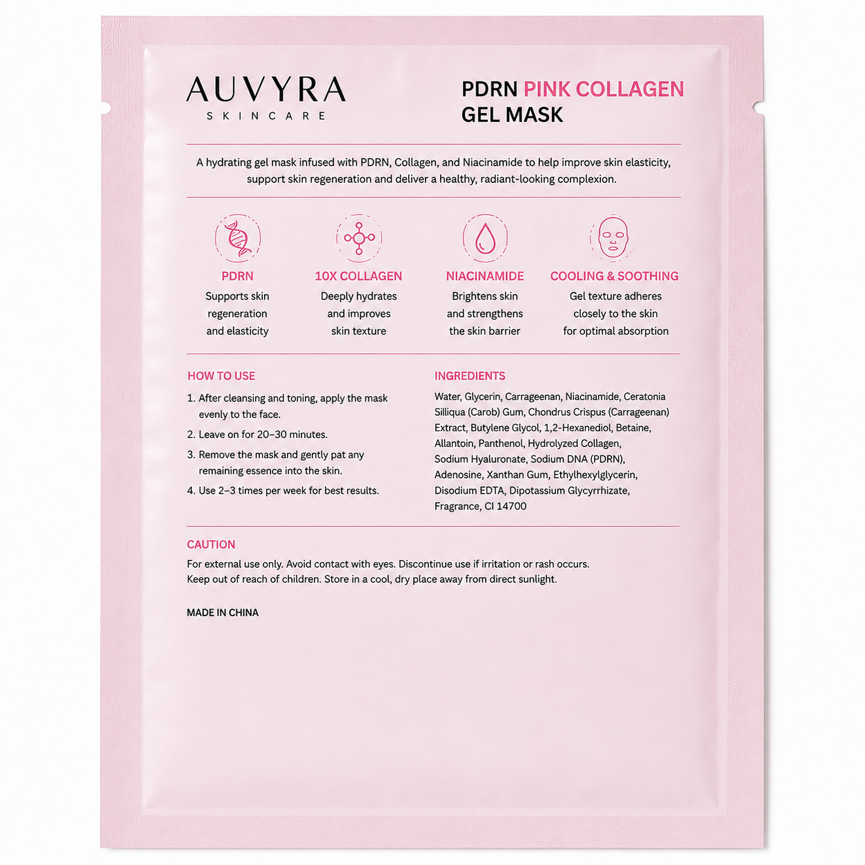 AUVYRA PDRN Pink Collagen Gel Mask sachet, back of pack with how to use and ingredients