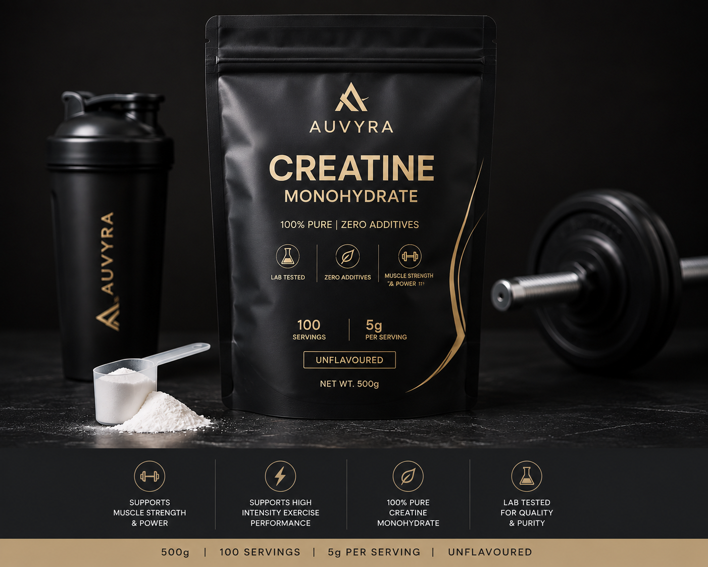 AUVYRA Creatine Monohydrate 500g black pouch, front of pack, with scoop of unflavoured powder
